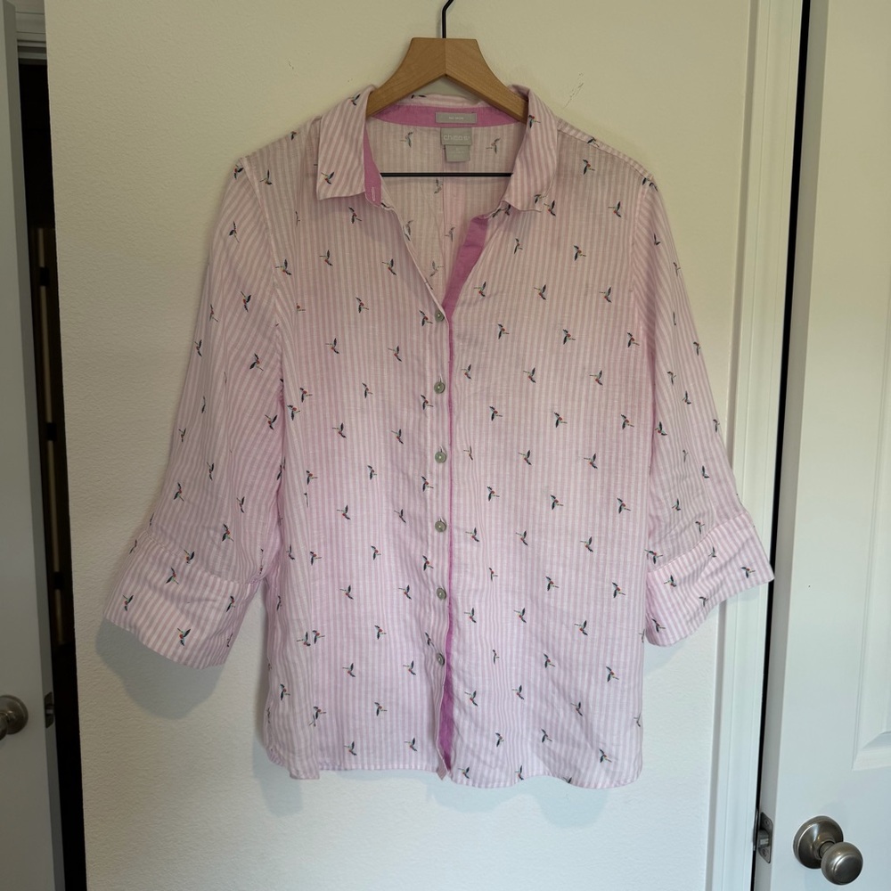 Chicos No Iron Linen Shirt US 16 Pink Stripe Hummingbird Print Button Up Summer